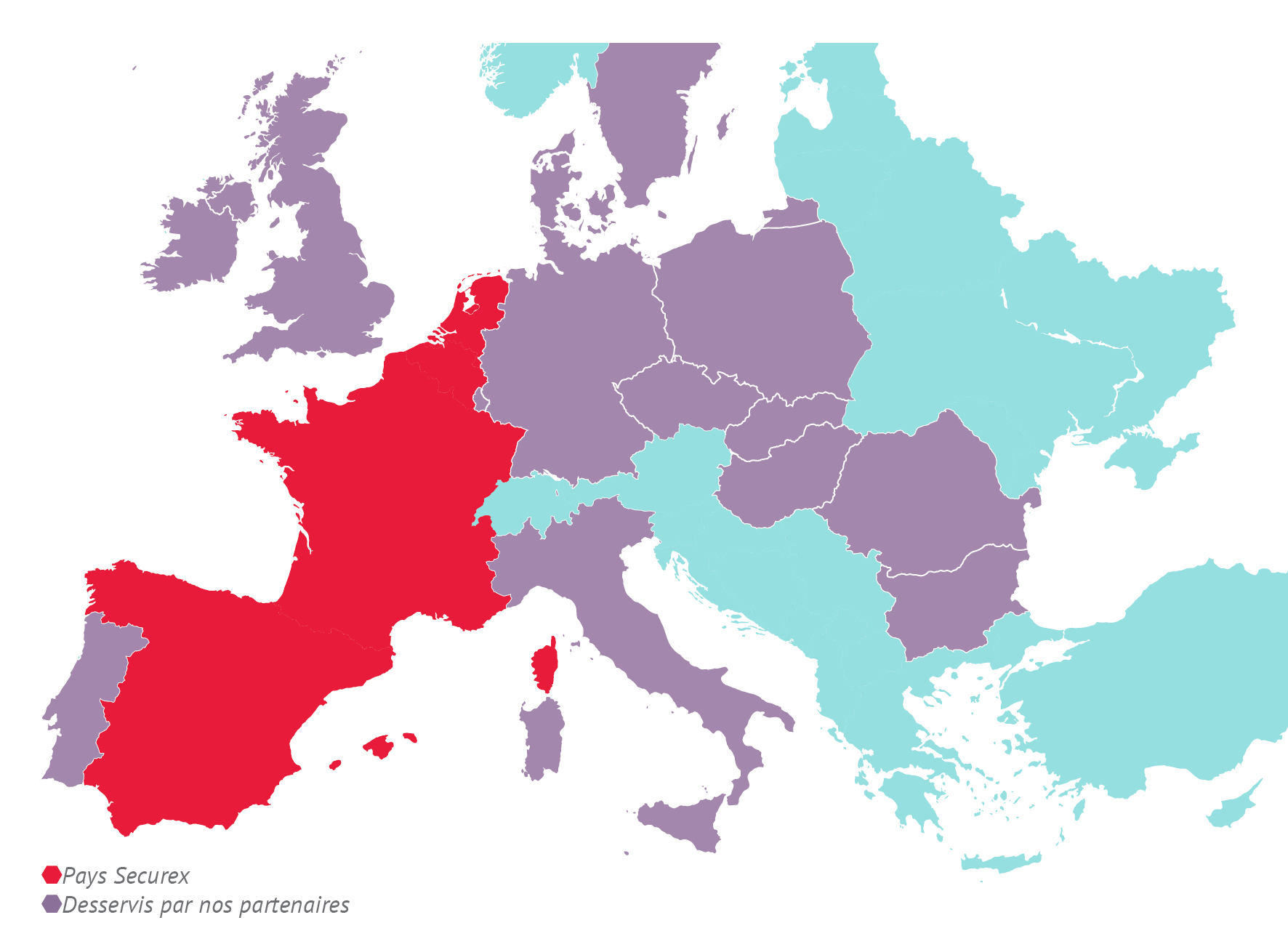 La carte de l’Europe montre tous les pays où Securex est présent
